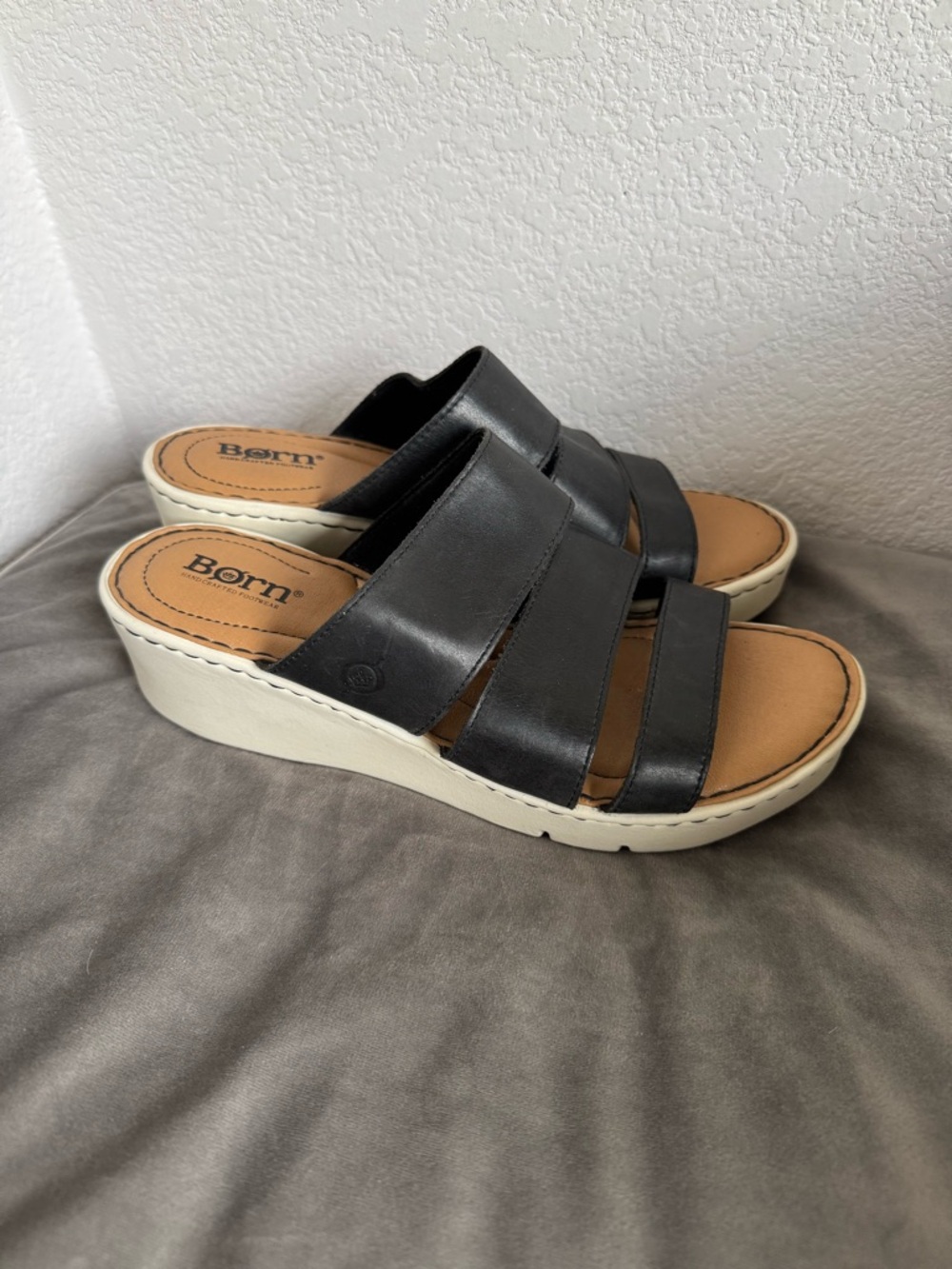 Born Black Leather Strappy Wedge Slide Mules